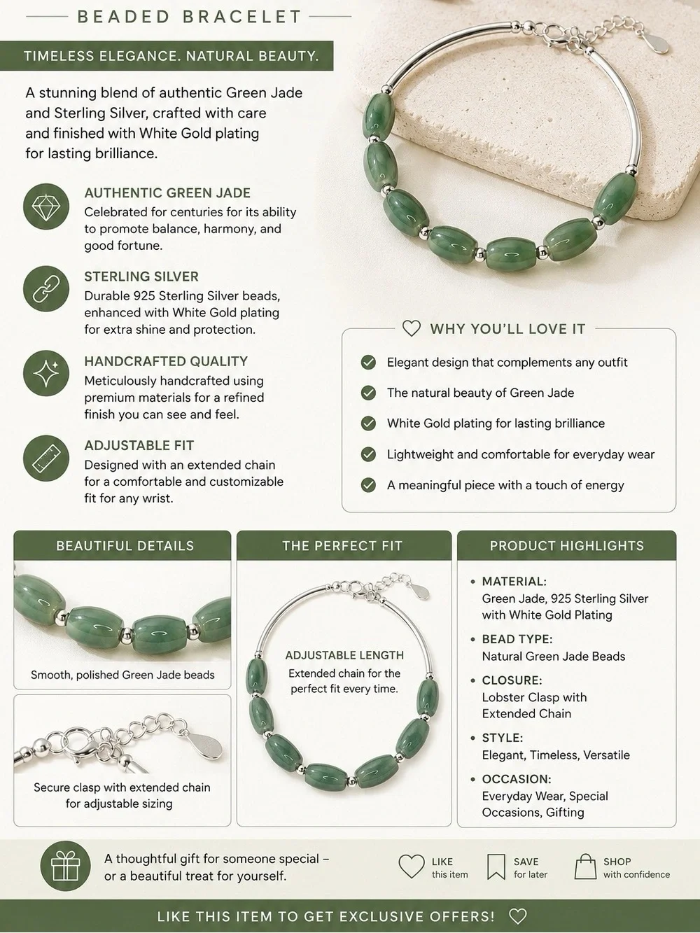 Natural Green Jade Bracelet | 925 Sterling Silver | Elegant Adjustable